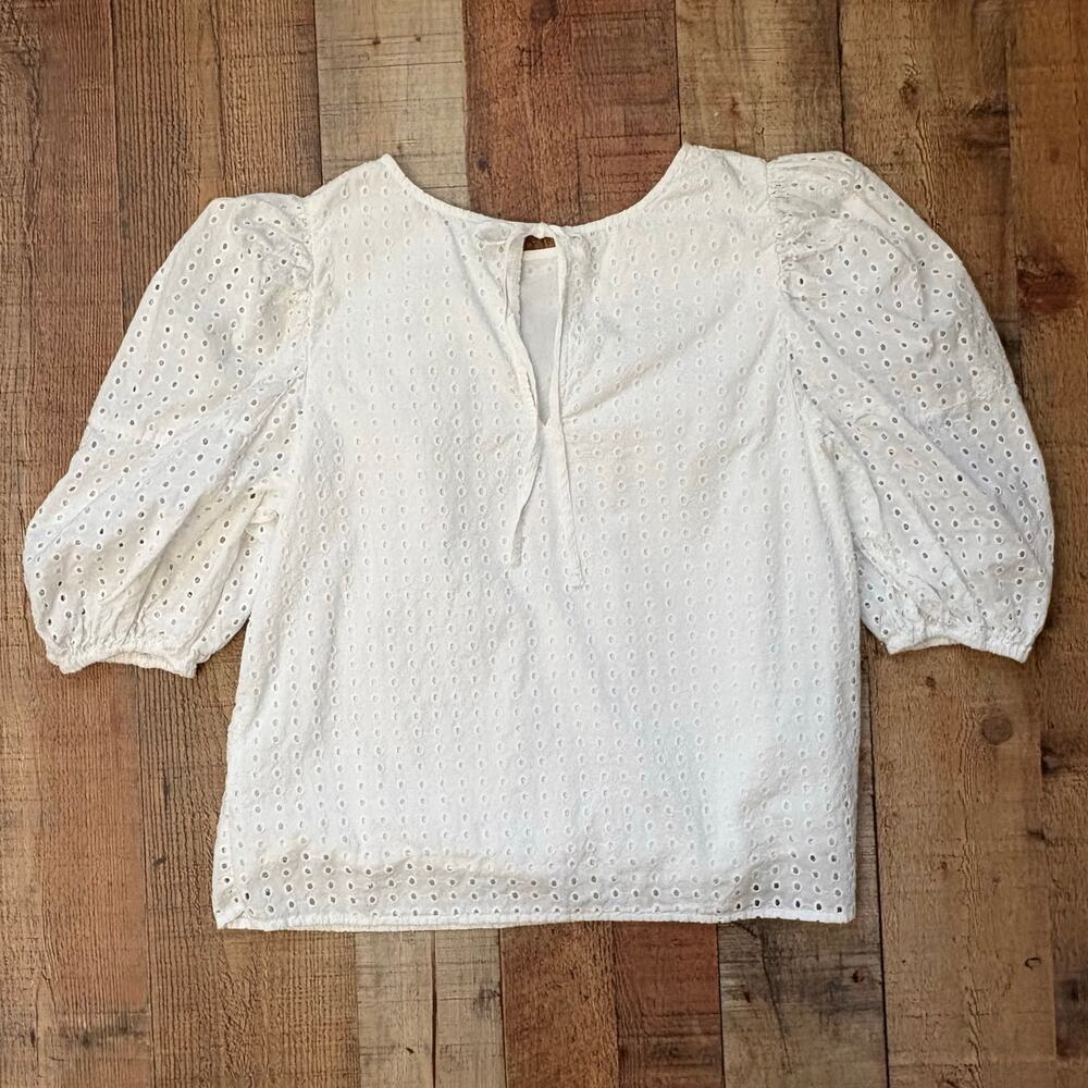 A New Day White Eyelet Lace Puff Sleeve Top Cotton Lined Cottagecore Women’s M - Picture 2 of 5